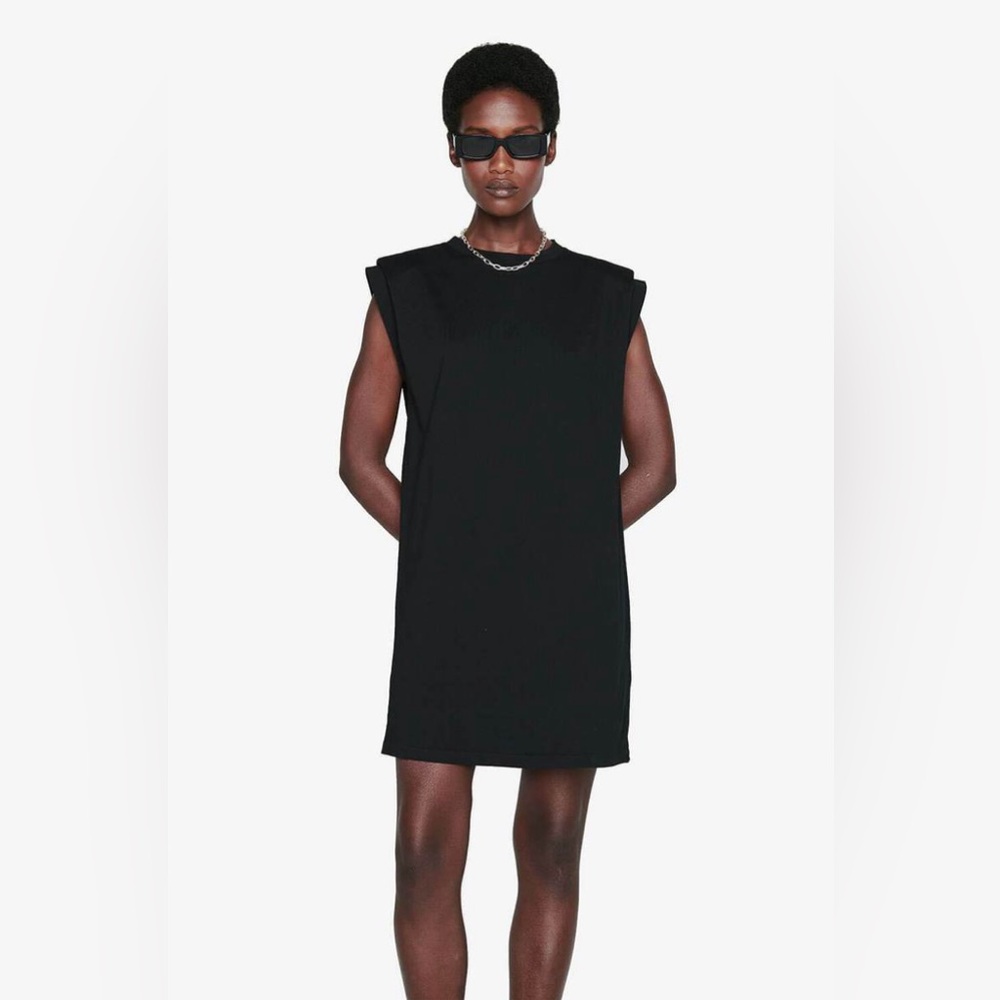 Anine Bing “Tanner” Dress Cotton Black Shoulder Pad Sleeveless Muscle Tee Sz XS